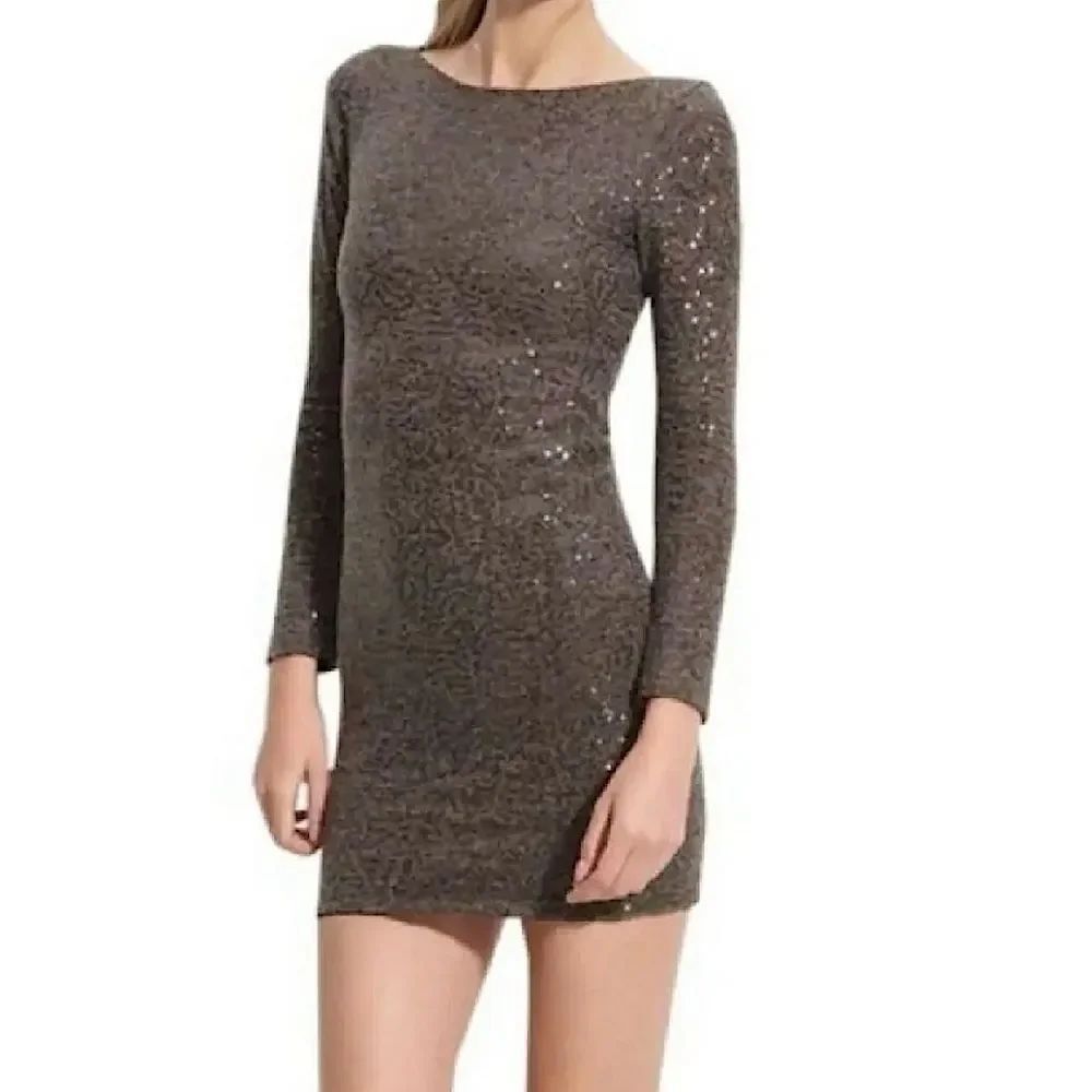 ALICE + OLIVIA OLIVE & GRAY SEQUIN EMBELLISHED SHEER PANEL BODYCON EVENING DRESS